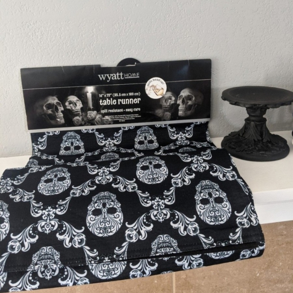 Halloween Black Skull Runner Victorian Goth Damask Decor Witchy